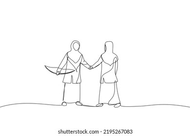 Illustration of businessmen shaking hands agreement after finished danger risky apple shot archery show. Metaphor for trusted partner, business relation, collaboration. One line art style
