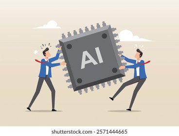 An illustration of businessmen tug of war fighting to get a computer chip. Semiconductor and computer chip supply chain shortage due to Coronavirus COVID-19 pandemic, electronics manufacturing problem