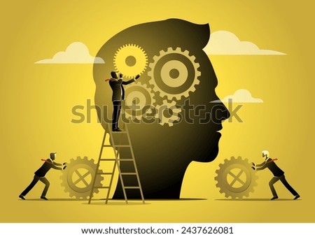 An illustration of a businessmen working together installing gears in human head, business concept