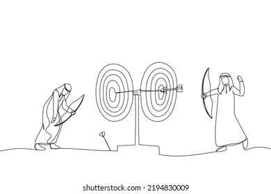 Illustration of businesspeople aiming targets with bows and arrows. Metaphor for business competition target marketing. One line art style
