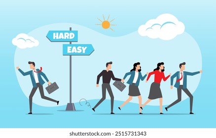 An illustration of businesspeople easy career path with many enthusiasts and a hard career path with few enthusiasts. Hopeless direction concept, 