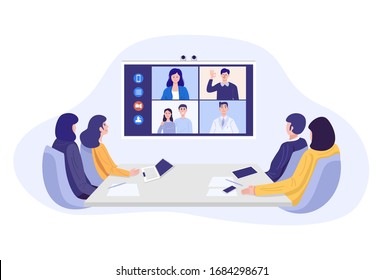 Illustration of businesspeople having video conference. Vector