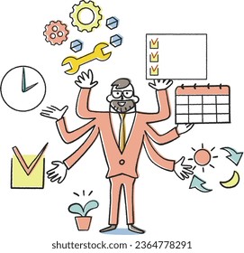 Illustration of a businessperson with a beard multitasking and scheduling.	
