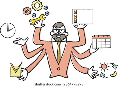 Illustration of a businessperson with a beard multitasking and scheduling.	

