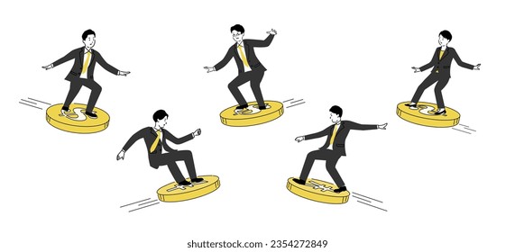 Illustration of a businessperson riding a dollar and yen coin, vector