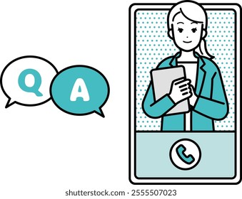 Illustration of a businessperson woman giving directions over the phone, online.