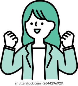Illustration of a businessperson woman in a suit who is pleased to pose with her guts