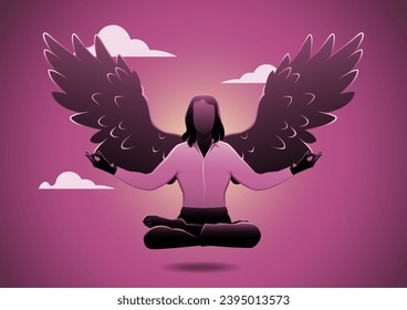 An illustration of a businesswoman with angel wings doing yoga pose. Peaceful mind, calm concept 
