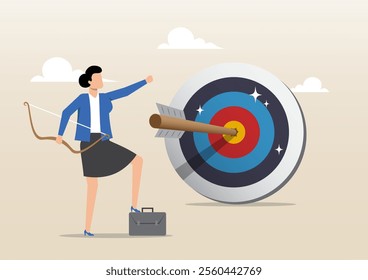 An illustration of Businesswoman archery shot arrow to hit big target. Reach goal or success female entrepreneur, aiming to hit bullseye target concept