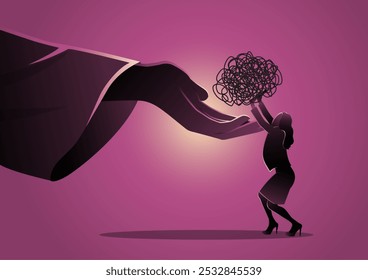 An illustration of a businesswoman with arms raised holding up all his problems to God. Faith concept
