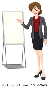 Illustration of a businesswoman beside the empty board on a white background