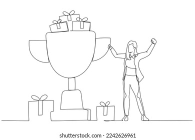 Illustration of businesswoman with big winner cup happy with achievement. One line art style