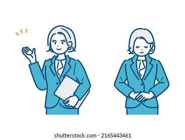 Illustration of a businesswoman bowing and guiding. vector.