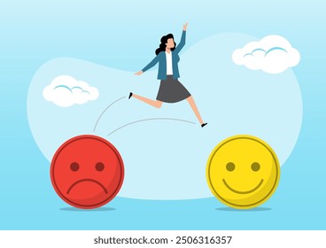 An illustration of businesswoman change their attitude from negative to positive emojis. Business optimistic concept