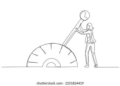 Illustration of businesswoman change transmission knob make business to next level. Continuous line art