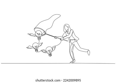 Illustration of businesswoman chasing and catch flying lightbulb ideas with net concept of business ideas. One line art style
