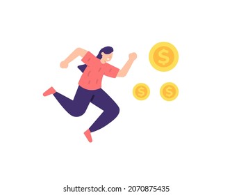 illustration of businesswoman chasing coins. striving for success, chasing dreams, making profits. get as much money as possible. finance and career path. flat cartoon style. vector design