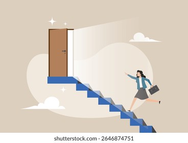 An illustration of a businesswoman climbing blue stairs towards an open, illuminated wooden door. The open door symbolizes opportunity, success, and a bright future