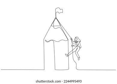 Illustration of businesswoman climbing pencil mountain to reach winning flag concept of reach goal. Continuous line art style