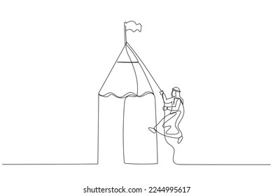 Illustration of businesswoman climbing pencil mountain to reach winning flag concept of reach goal. Continuous line art style