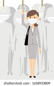 Illustration of a businesswoman commuting on a crowded train.
