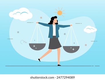 An illustration of Businesswoman comparing scale to be equal. Decision or balance concept