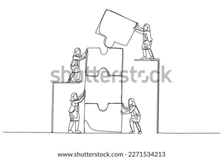 Illustration of businesswoman with coworker connecting puzzle elements. Concept of teamwork. Single continuous line art style