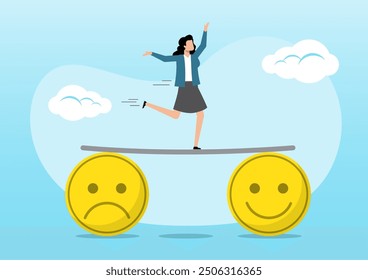 An illustration of businesswoman crossing the bridge between sad symbols to happy symbols. business optimistic concept