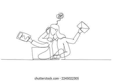 Illustration of businesswoman dizzy stressed because of daily work receive email sending paper. Single continuous line art style