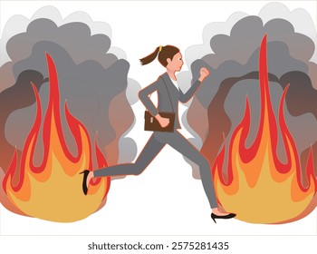 Illustration of a businesswoman escaping from a fire.