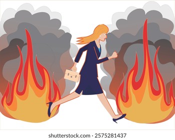 Illustration of a businesswoman escaping from a fire.