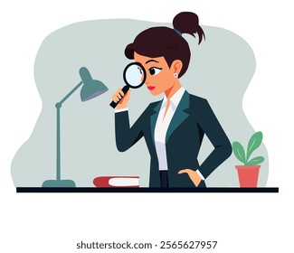 Illustration of a businesswoman in formal attire examining with a magnifying glass at a desk, featuring a lamp, book, and potted plant. Concept of research and analysis