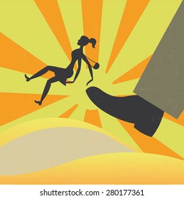 Illustration of a businesswoman getting fired by a giant to a desert. The grunge texture is removable from the background.