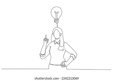 Illustration of businesswoman happy after got new idea. One line art style