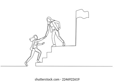 Illustration of businesswoman help friend to succeed and reach goal achieve target. Single line art style