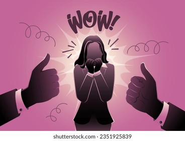 Illustration of a businesswoman with her hands on her chin saying wow