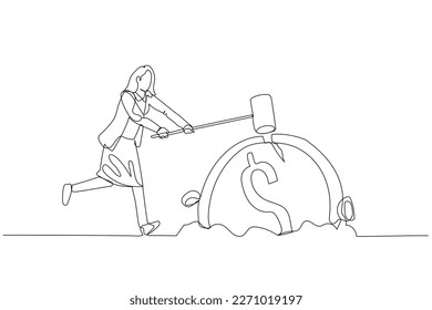 Illustration of businesswoman hit dollar coin into the ground. Concept of safing money. Single continuous line art style