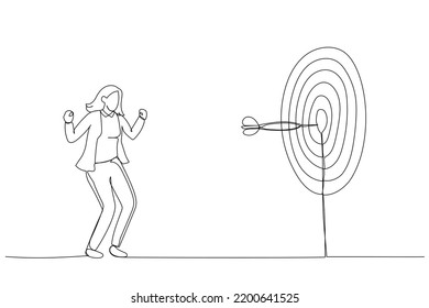 Illustration of businesswoman hitting the center of target. Concept for business idea. Single line art style
