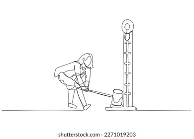 Illustration of businesswoman hitting strength measurement tool. Concept of power estimation. Single continuous line art style