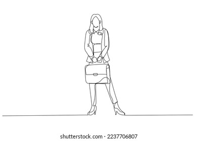 Illustration of businesswoman hold diplomat bag wear specs shirt checkered blazer trousers high heels. Single line art style
