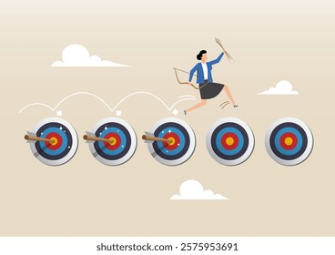 An illustration of a businesswoman holding an arrow and bow, jumping on achieved targets. Goal tracking or achievement, performance or track progress, project management or completed tasks concept