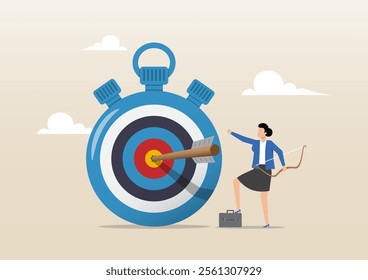 An illustration of businesswoman holding bow after shot at bullseye target on stopwatch. Time management to finish work within deadline, project timeline concept