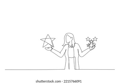 Illustration of businesswoman holding comparing quality of stars. Metaphor for quality vs quantity. Single continuous line art style
