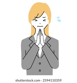 Illustration of a businesswoman holding her hands together in a desperate apology.