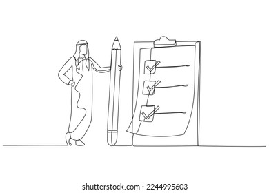 Illustration of businesswoman holding pencil at questionnaire checklist with tick marks concept task objective. Continuous line art