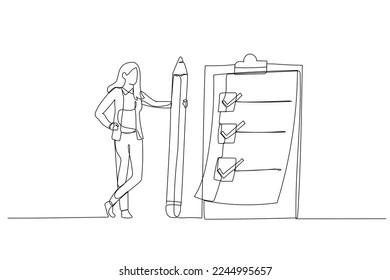 Illustration of businesswoman holding pencil at questionnaire checklist with tick marks concept task objective. Continuous line art