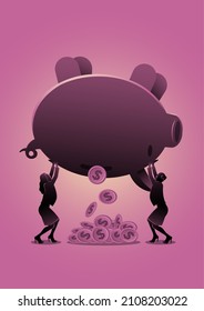 An illustration of businesswoman holding piggy bank upside down to get the money