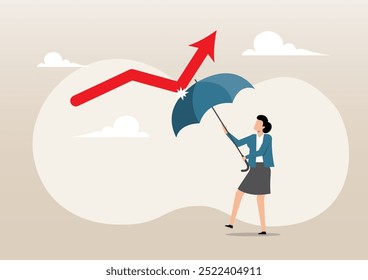 An illustration of businesswoman holding strong umbrella to recover red arrow economic graph. Business protection or stock market bounce back from recession concept