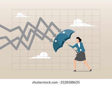 An illustration of businesswoman holding umbrella to cover and protect from downturn arrow. Protection or defensive stock in economy crisis or market crash, insurance concept