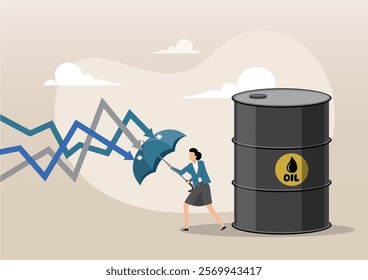 An illustration of Businesswoman holding umbrella to cover and protect from downturn arrow. Protect the price of oil or commodities. Defensive stock in economy crisis or market crash